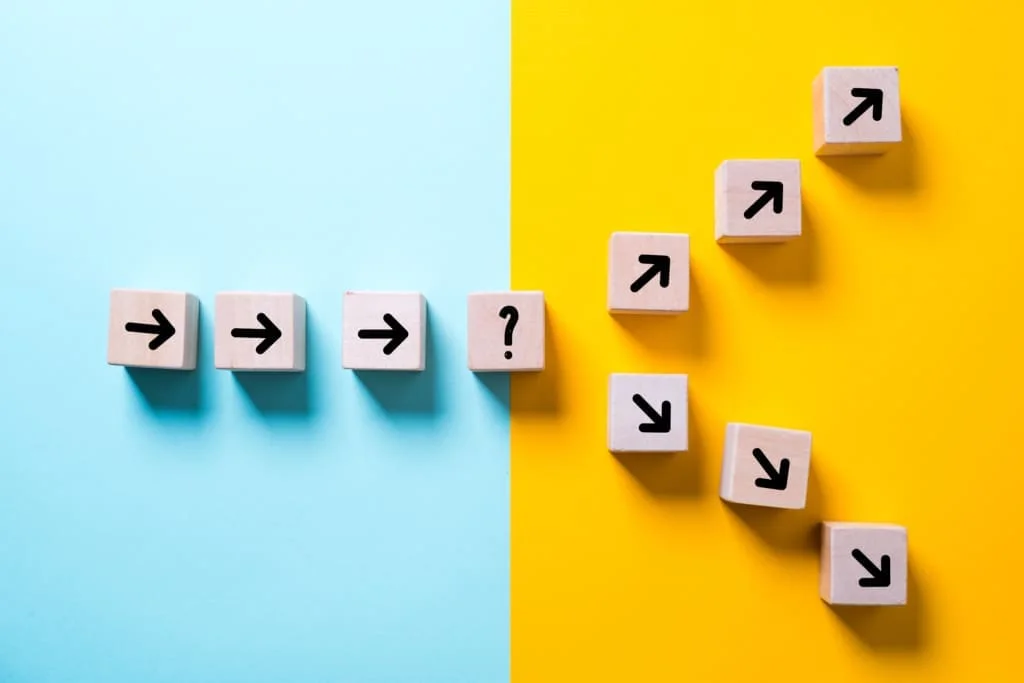 Arrows splitting toward different outcomes, representing evaluation and iteration